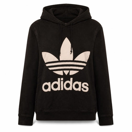 Adidas Women Black Hooded Pullover Hoodie UK 12 Logo Print Cotton Blend