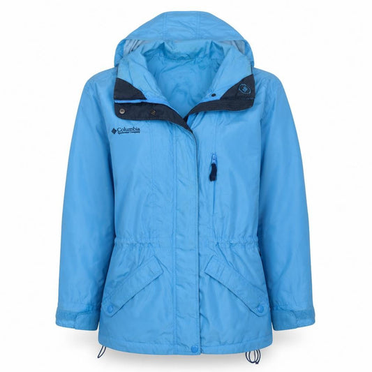 Front view of Columbia Women’s Blue Hooded Parka Jacket, size M, Water Resistant Outdoor