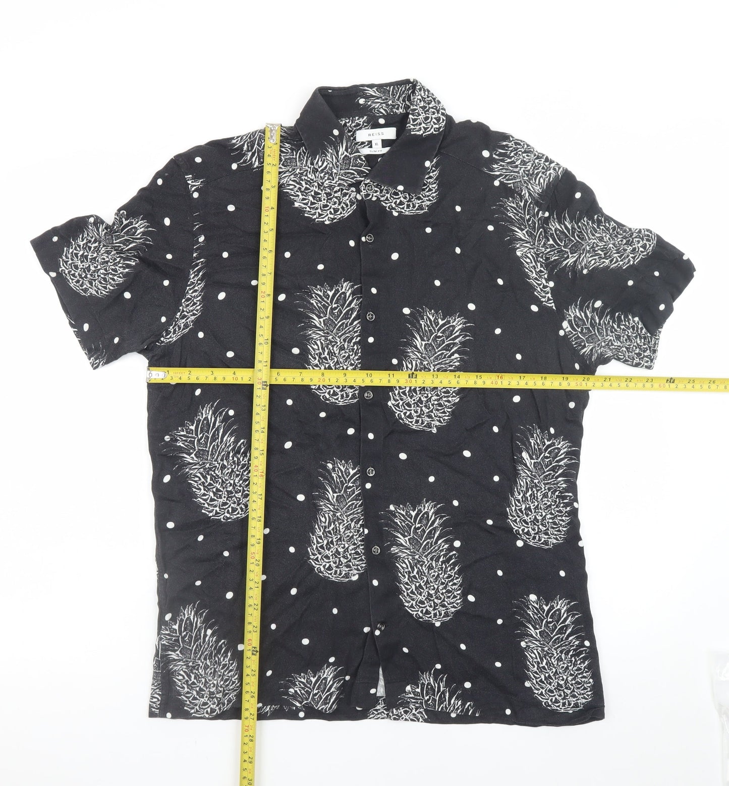 REISS Men's Black Slim Fit XL Pineapple Print Short Sleeve Shirt
