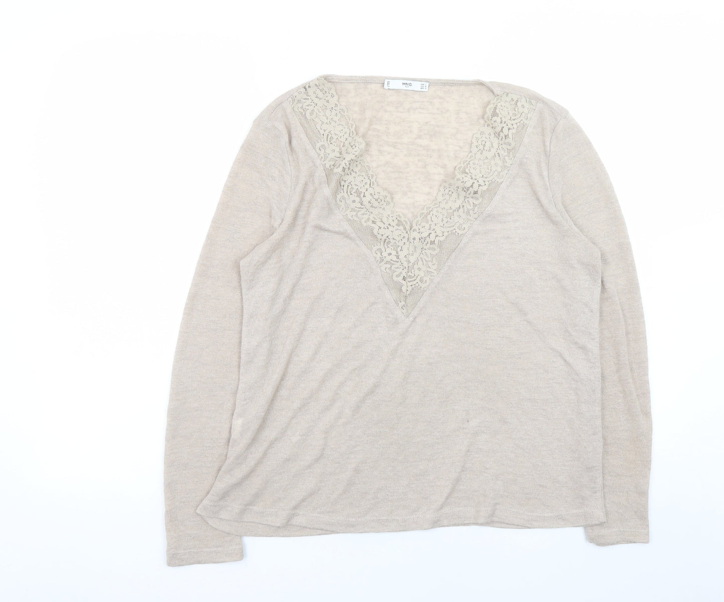 MNG Women’s Beige V-Neck Lace Trim Long Sleeve Knit Jumper Size 12