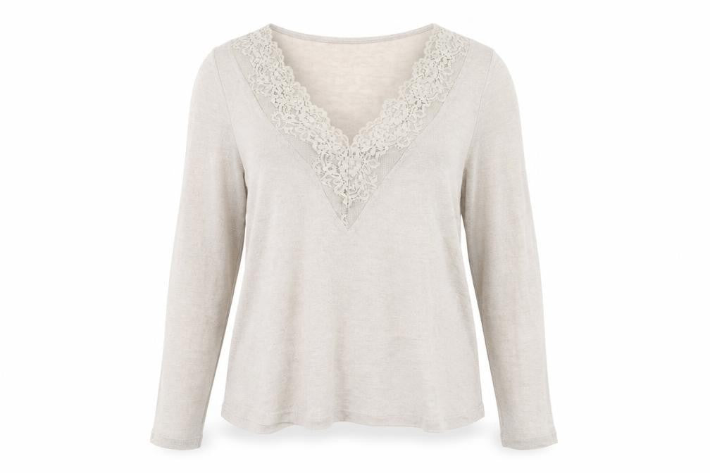 Mango Women’s Beige V-Neck Lace Trim Long Sleeve Knit Jumper Size 12