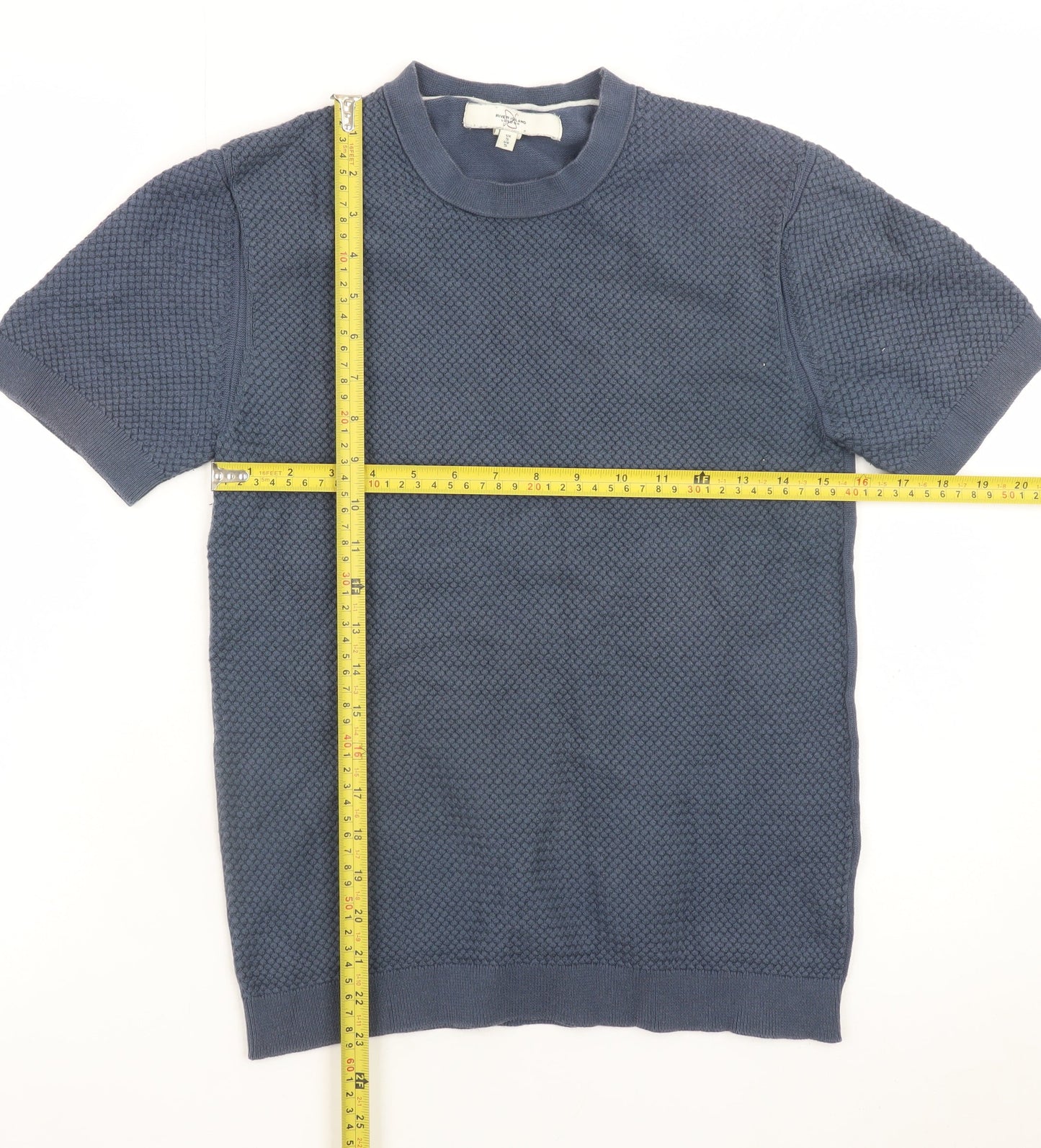 River Island Men's Blue Textured Knit Crew Neck Short Sleeve T-Shirt Size S