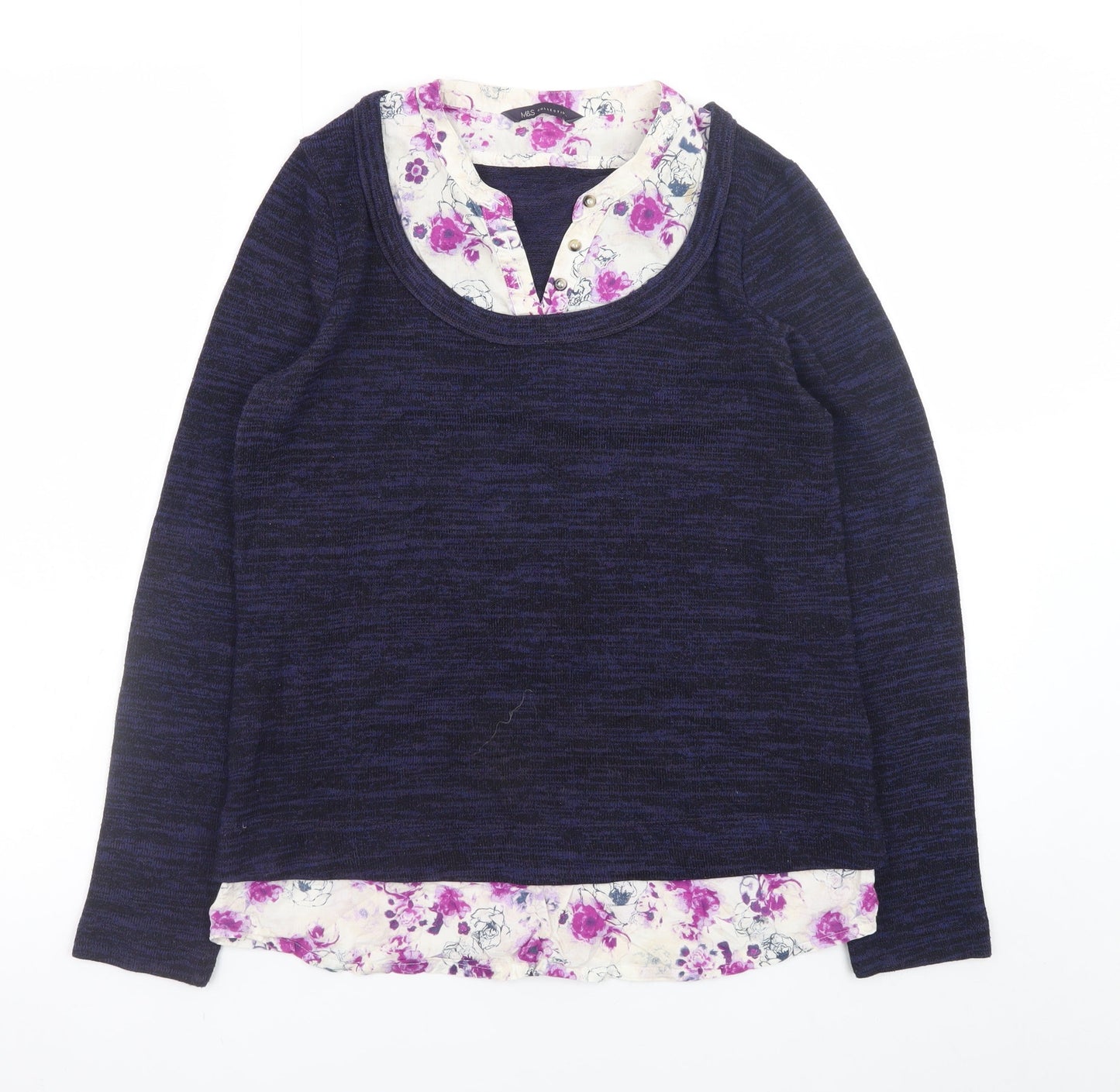 Marks and Spencer Women Navy Floral Layered Long Sleeve Blouse UK 8