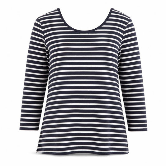 Front view of Boden Women Blue White Striped 3/4 Sleeve Cotton Jersey Top UK12