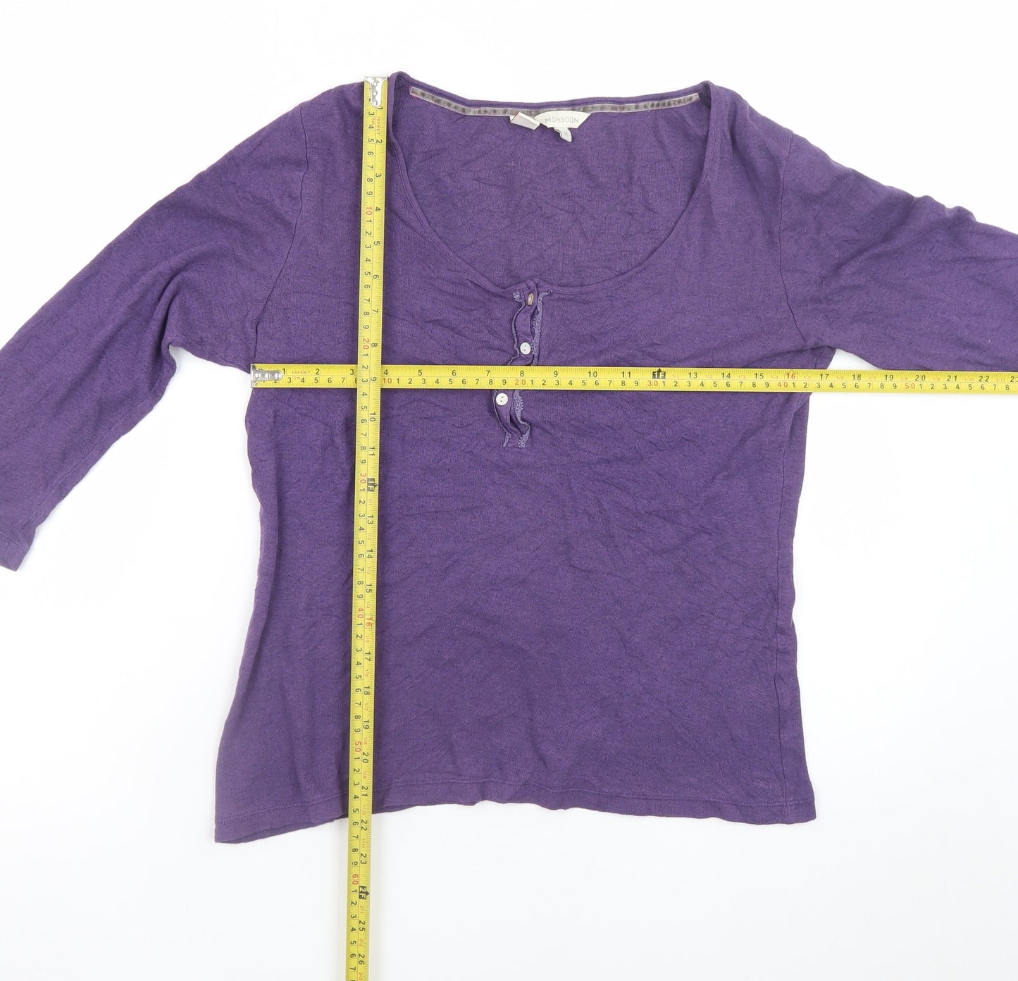 Monsoon Women's Purple 3/4 Sleeve Scoop Neck Cotton T-Shirt M