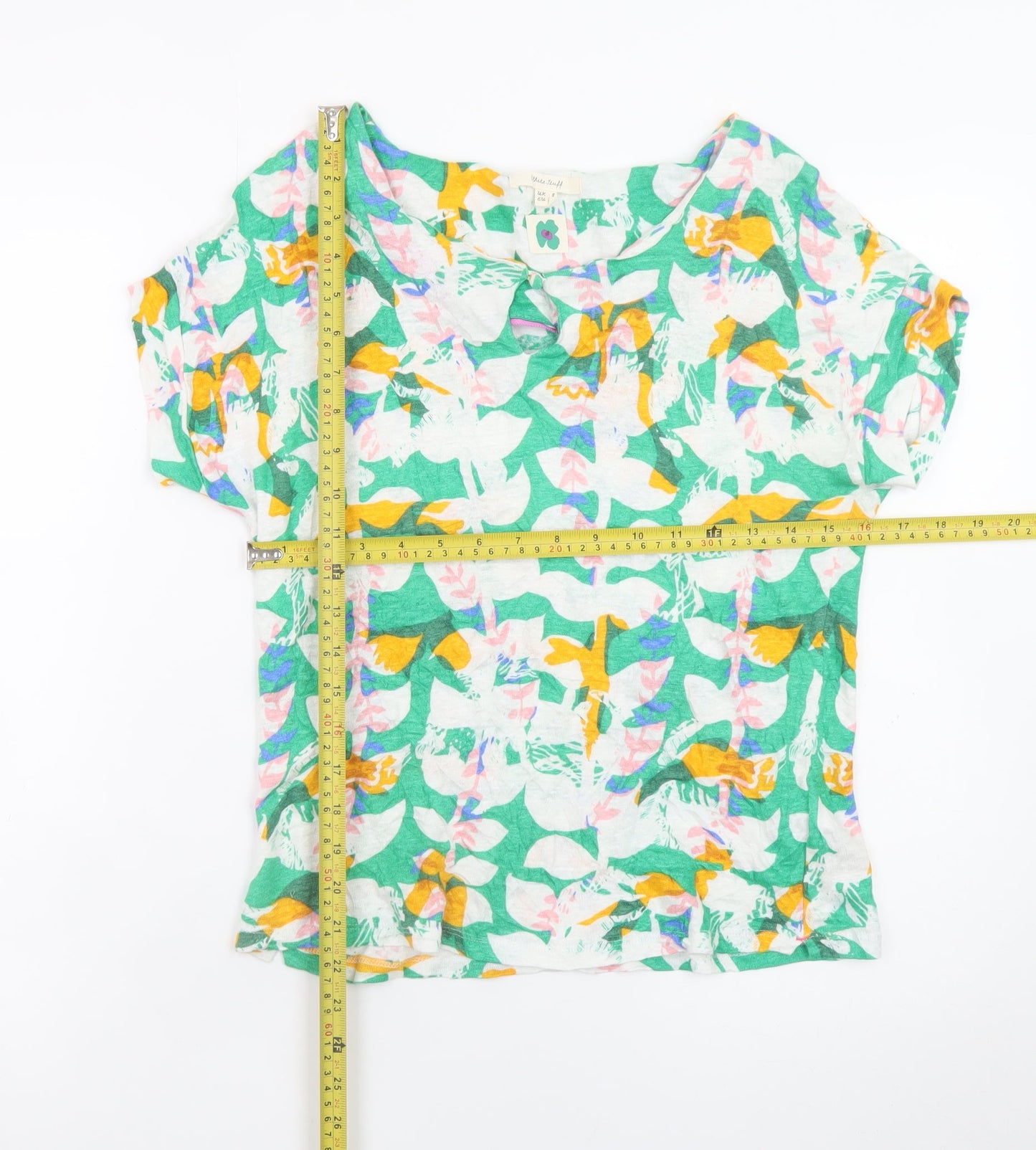 White Stuff Womens Multicoloured Floral T-Shirt Size 8 Linen Cotton