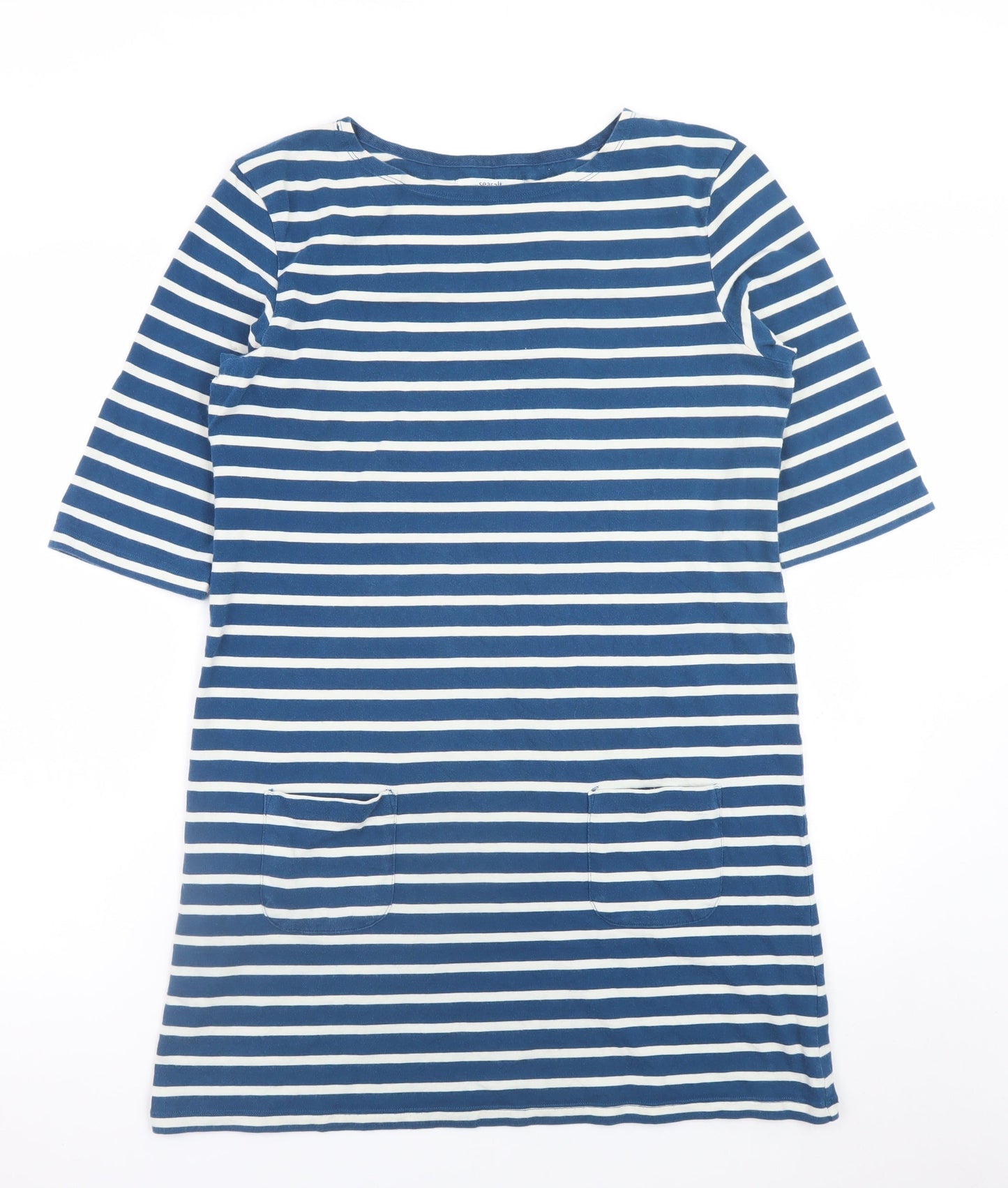 Seasalt Women Blue Striped Shift Dress Size 12 Cotton 3/4 Sleeve
