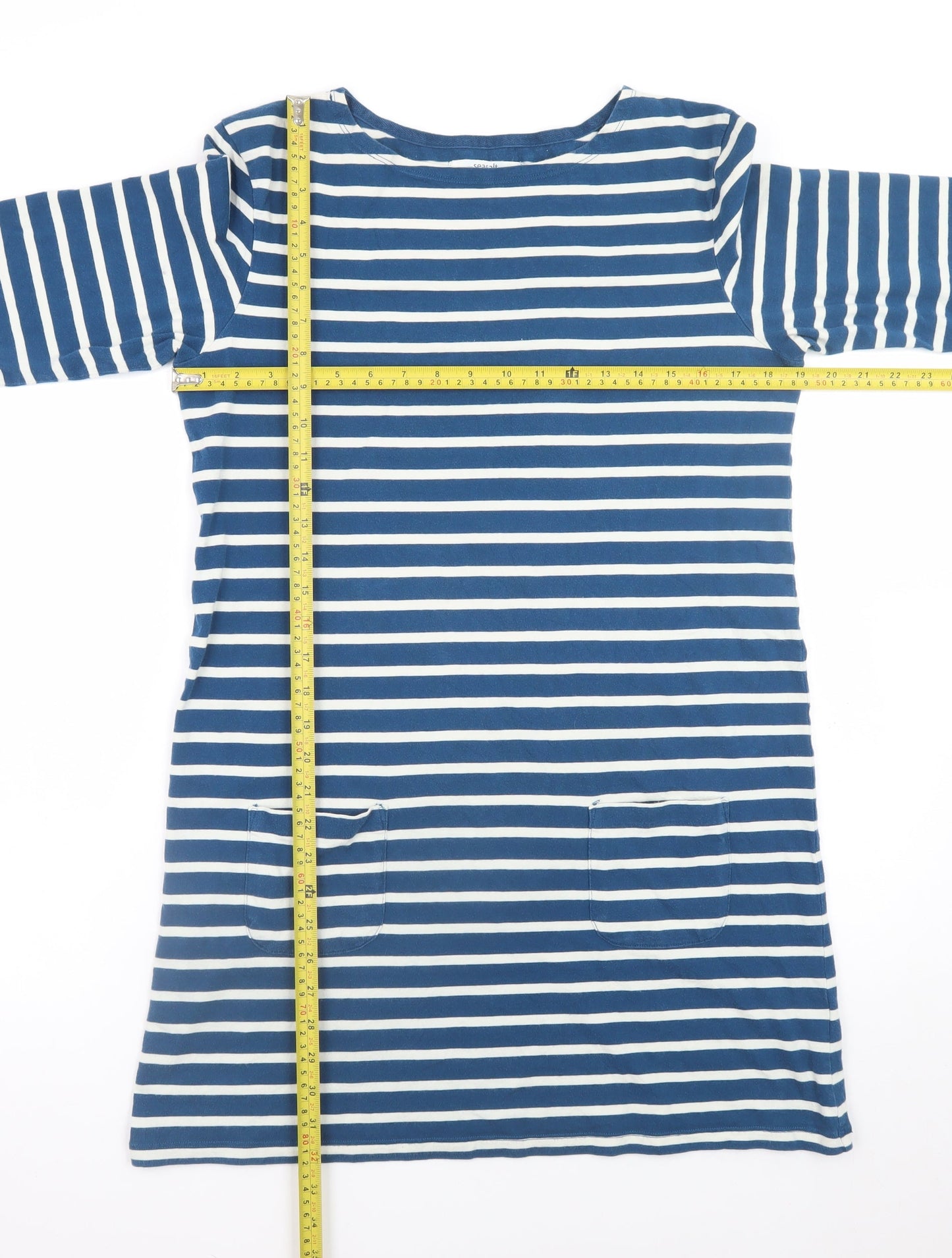 Seasalt Women Blue Striped Shift Dress Size 12 Cotton 3/4 Sleeve