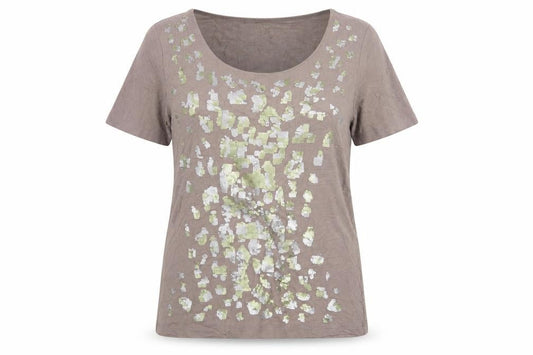 Front view of Uta Raasch Women’s Brown Sequin Short Sleeve Viscose T-Shirt, size UK 14