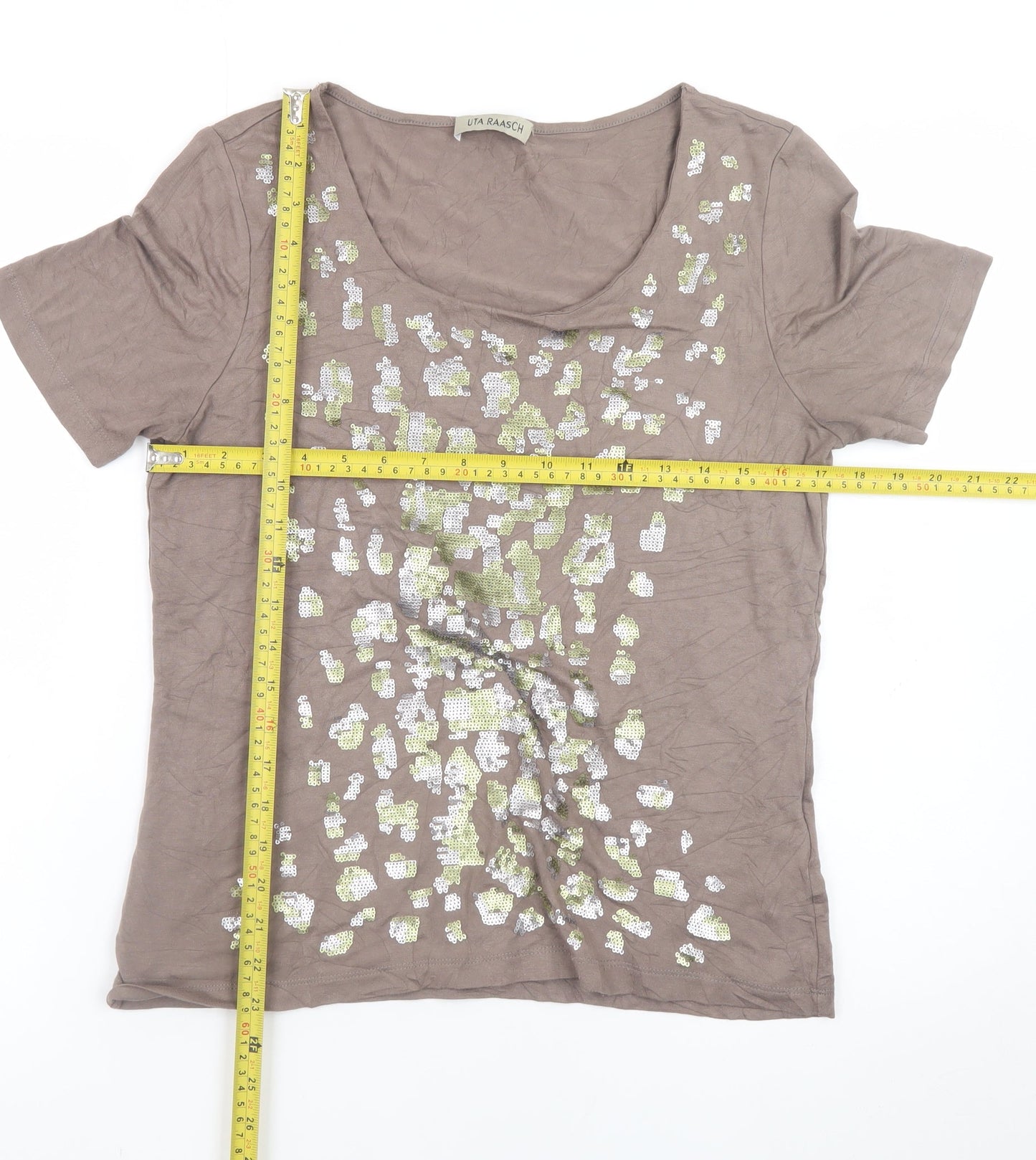 Uta Raasch Women’s Brown Sequin Short Sleeve Viscose T-Shirt Size 14