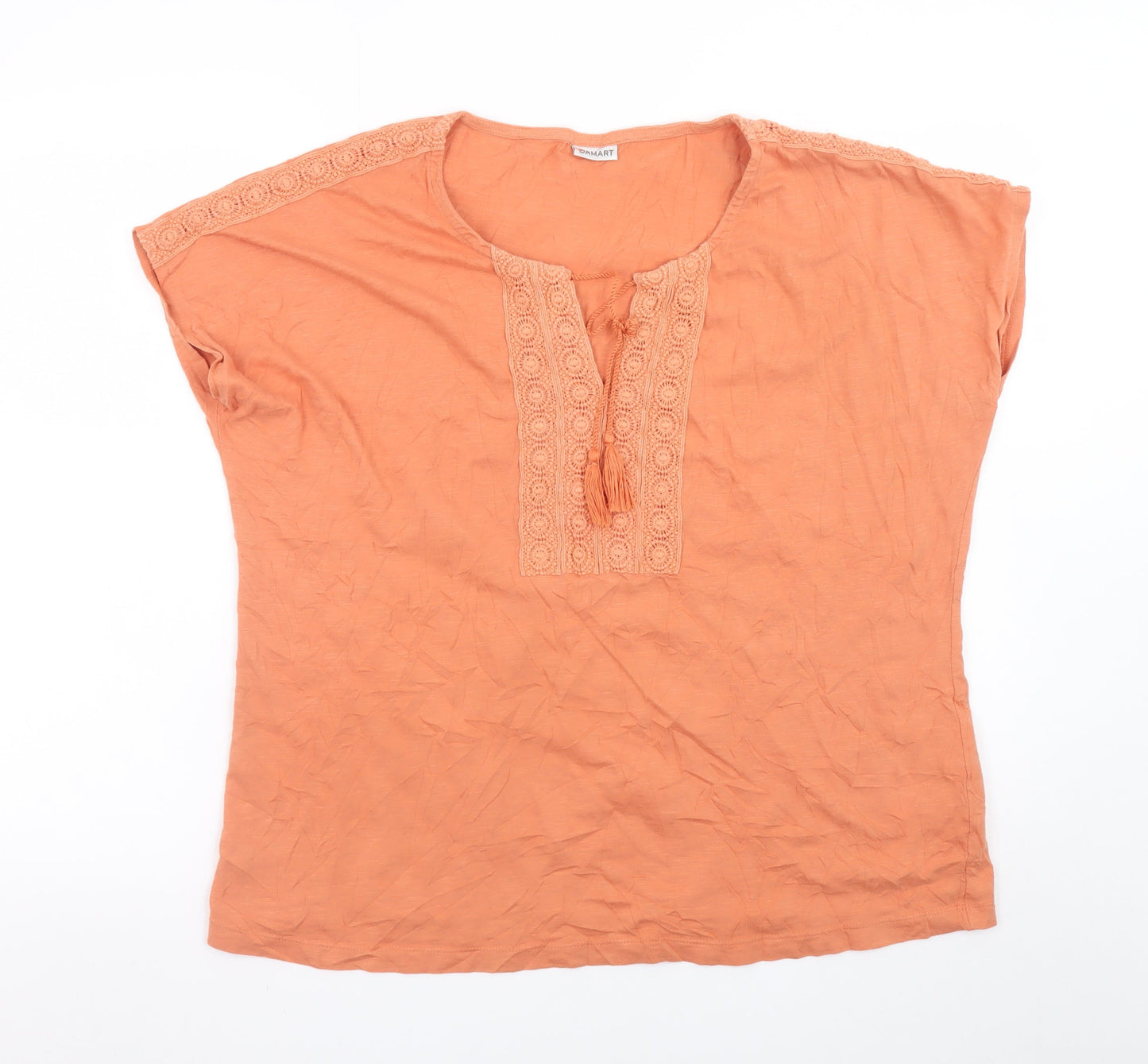 Damart Women Orange Cotton Crochet Trim Tunic Blouse Size L