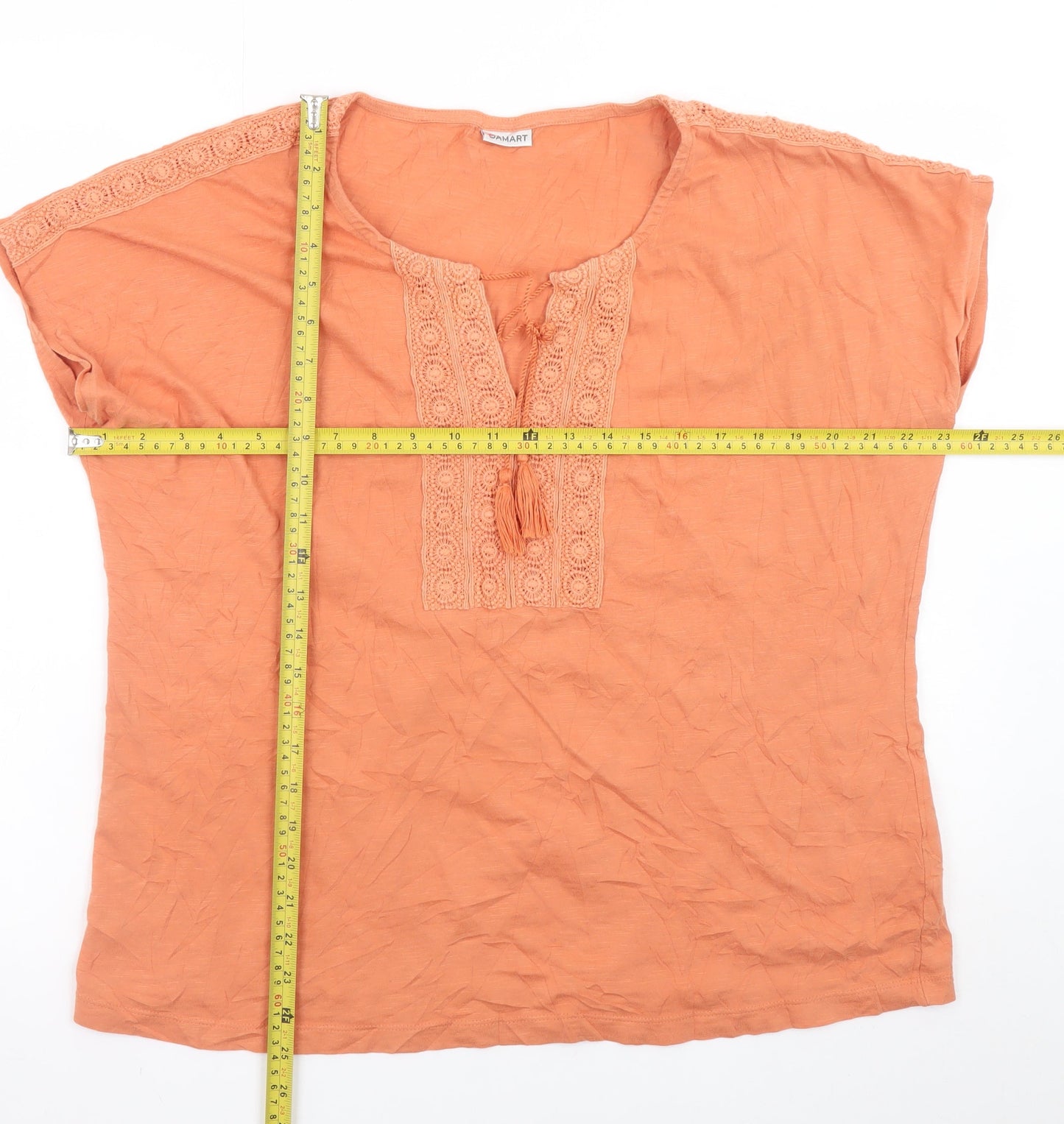 Damart Women Orange Cotton Crochet Trim Tunic Blouse Size L