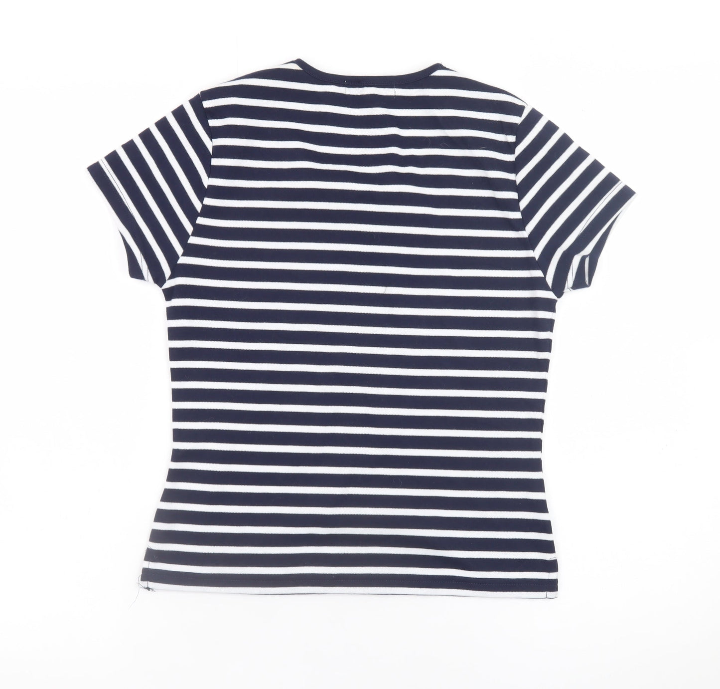 Bassini Women Blue Striped Embroidered Short Sleeve T-Shirt Size S