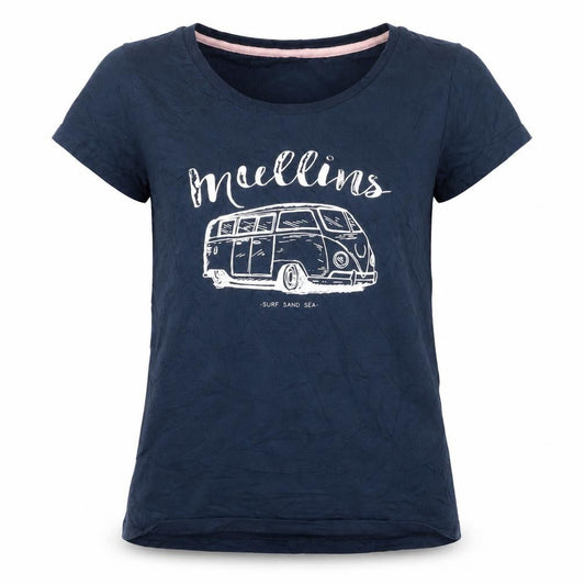 Front view of Mullins Bay women’s blue, size UK 12, cotton crew neck surf t-shirt