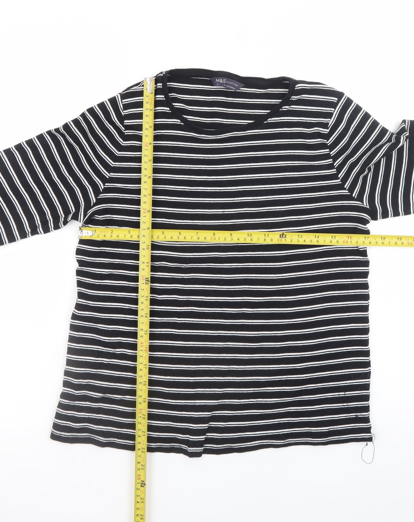 Marks and Spencer Womens Black Striped Long Sleeve Cotton T-Shirt Size 16