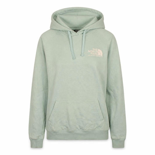 Front view of The North Face women’s green pullover hoodie, size M, logo print