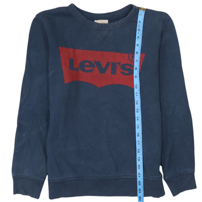 Close-up detail of Levi's boys’ blue pullover fleece sweatshirt, size 16, years logo design