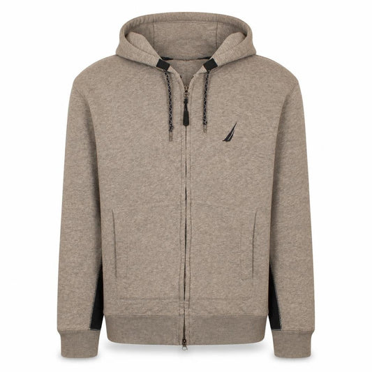 Front view of Nautica Men's Beige Full Zip Hoodie XS Regular Fit