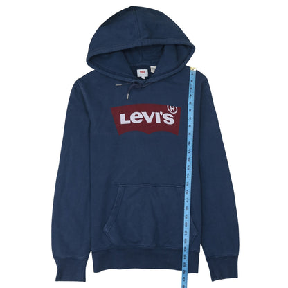 Close-up detail of Levi's Men's Blue Pullover Hoodie S Logo Graphic Fleece Sweatshirt