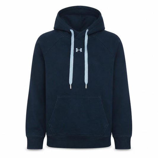 Front view of Under Armour Men Blue Pullover Hoodie, size S, Relaxed Fleece Sweatshirt