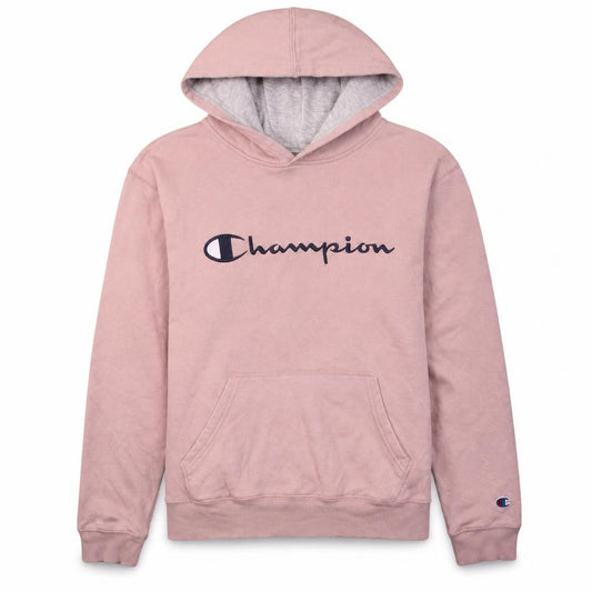 Front view of Champion girls’ pink xl pullover hoodie with logo design