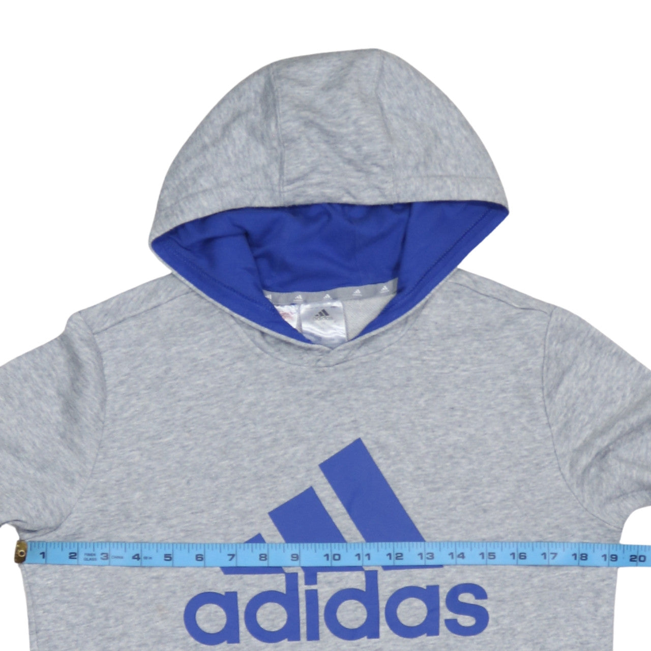 Adidas Boys Grey Blue Hoodie L 13-14 Years Pullover Fleece Logo Sweatshirt