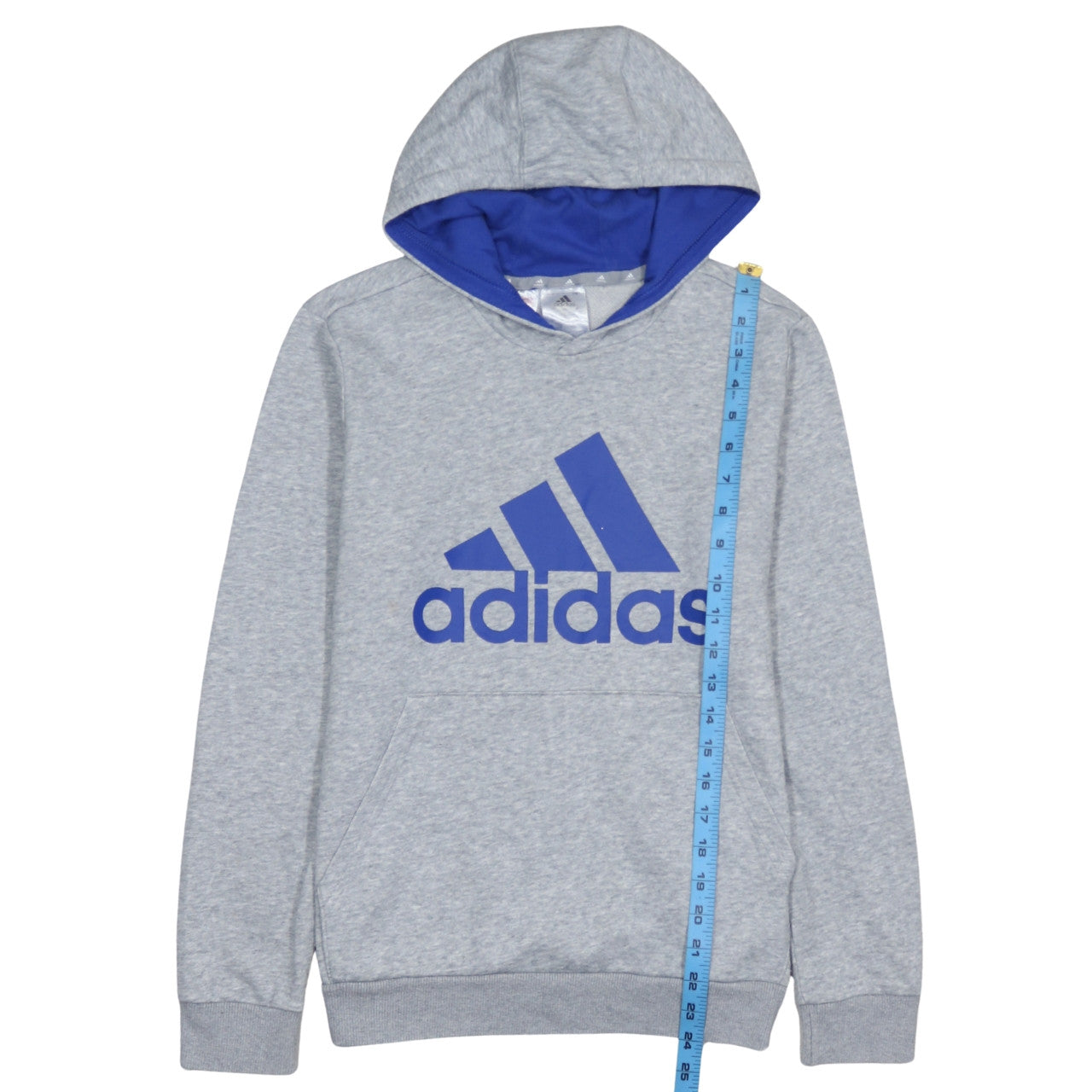 Adidas Boys Grey Blue Hoodie L 13-14 Years Pullover Fleece Logo Sweatshirt
