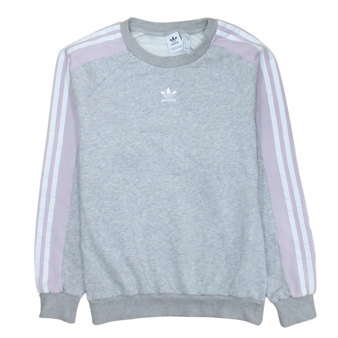 Adidas Women Grey & Lilac 3-Stripes Crew Neck Pullover Sweatshirt UK 6