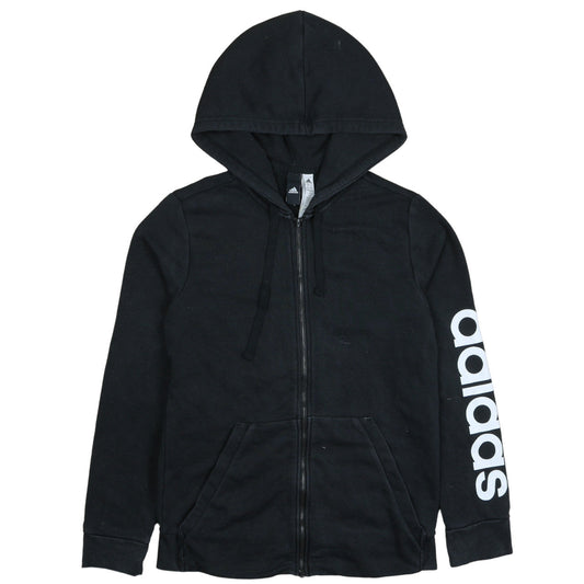 Adidas Womens Black Full Zip Hoodie Size L 16-18 Logo Sleeve