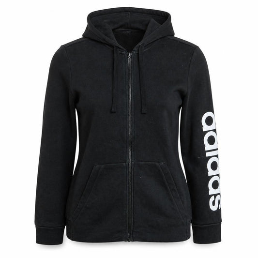 Adidas Womens Black Full Zip Hoodie Size L 16-18 Logo Sleeve