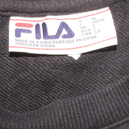 Close-up detail of Fila women’s black small crew neck pullover sweatshirt