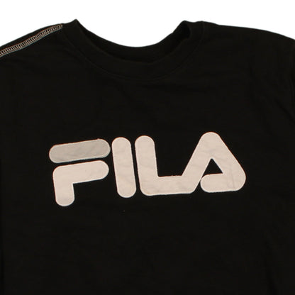 Brand and care label for Fila women’s black small crew neck pullover sweatshirt