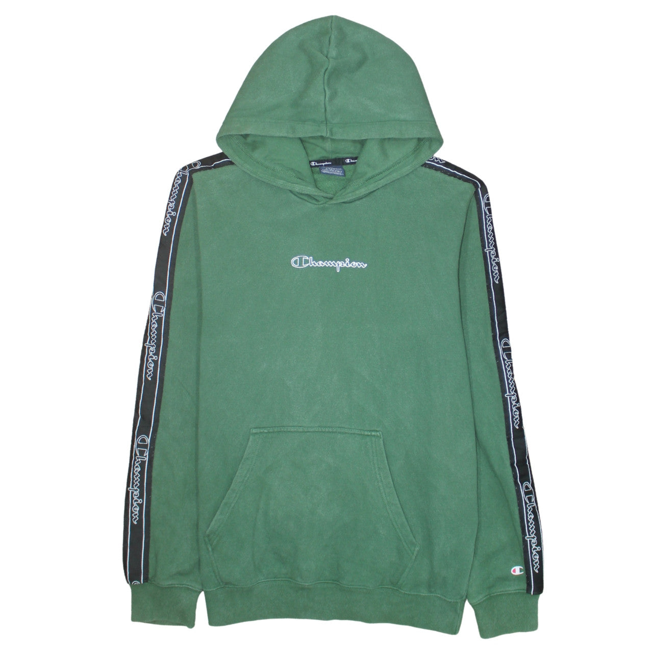 Champion Men Green Pullover Hoodie Large Logo Strip Sleeve Sportswear
