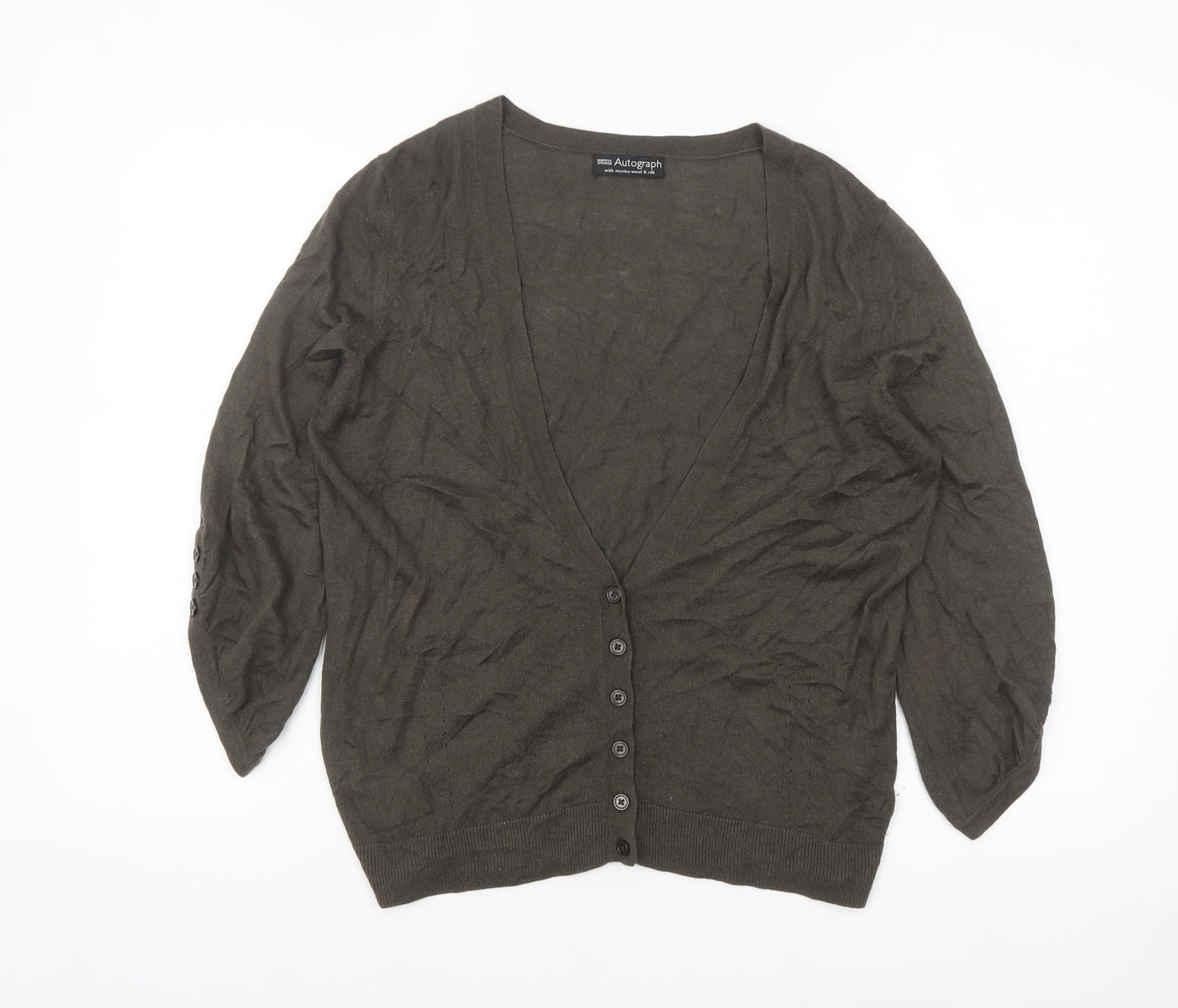 Marks and Spencer Women Brown V-Neck Cardigan Size 16 Wool Blend