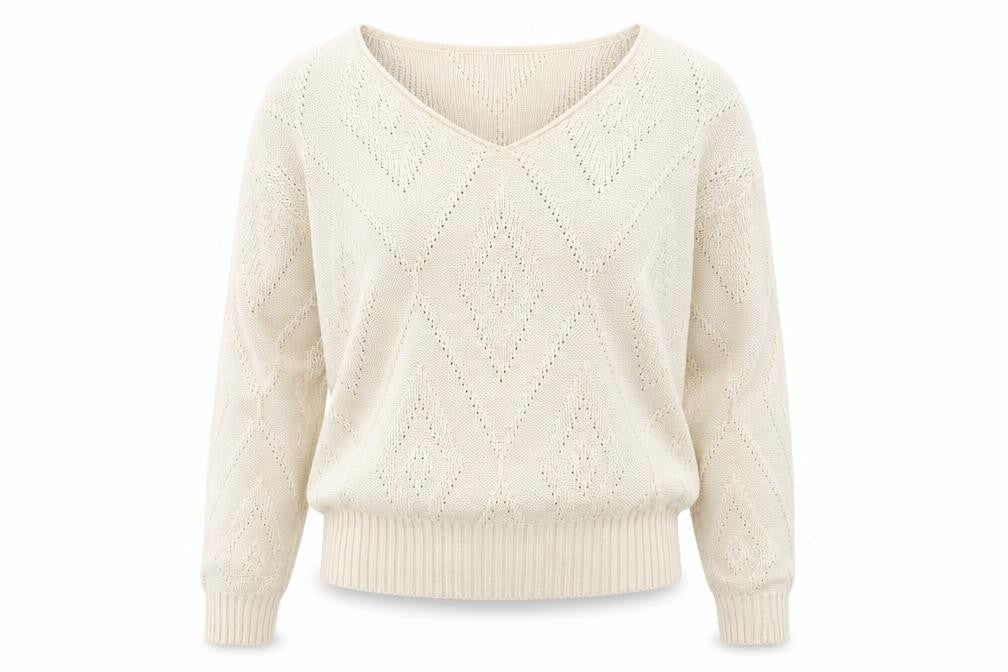 ICHI Women Ivory V-Neck Knit Pullover Jumper XS