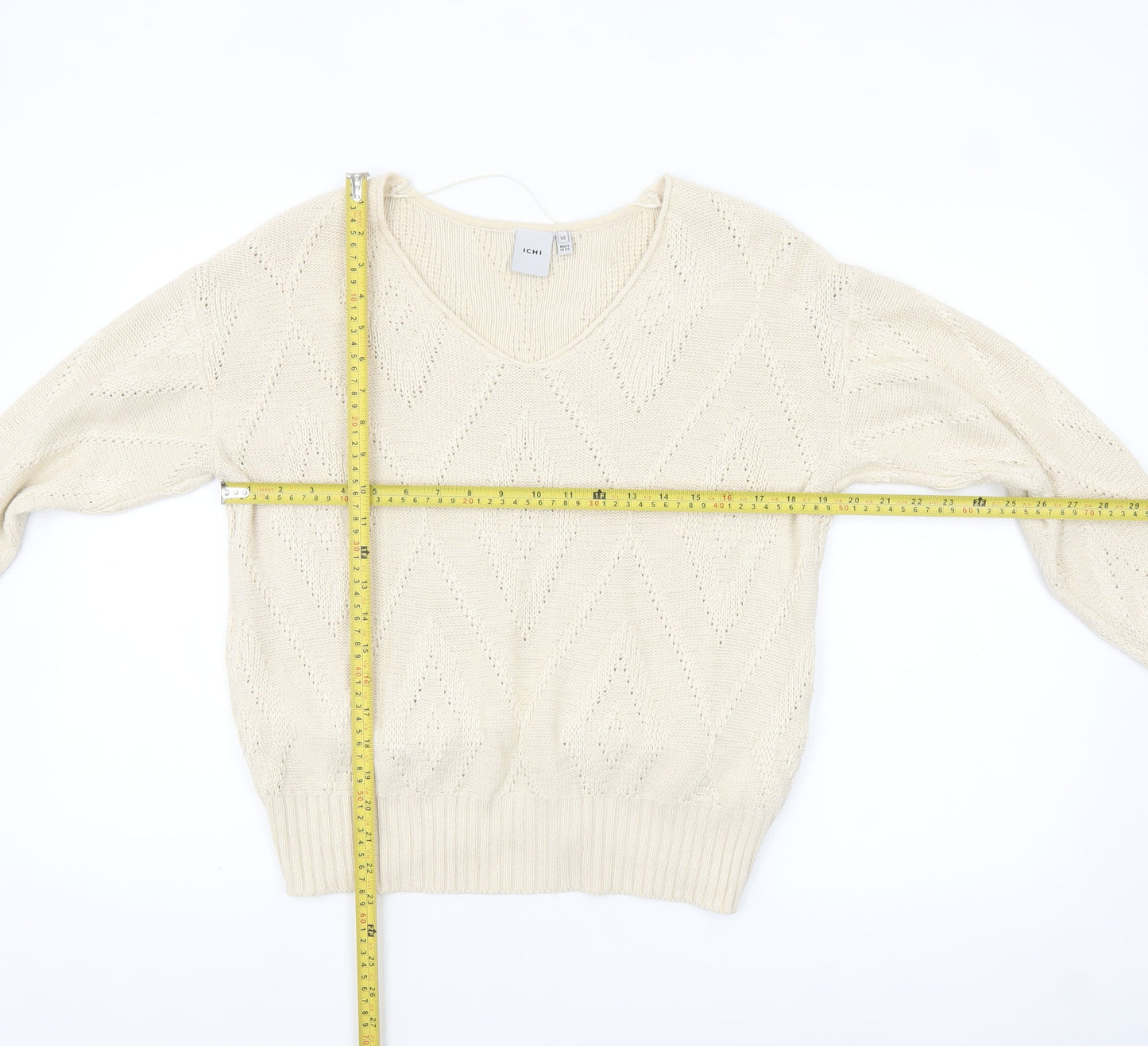 ICHI Women Ivory V-Neck Knit Pullover Jumper XS