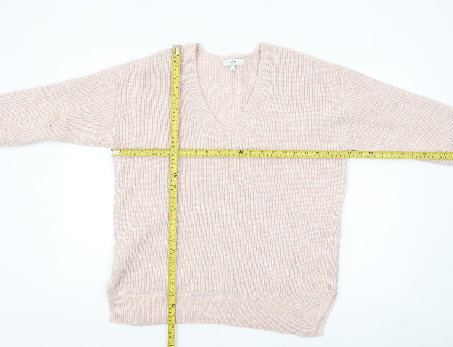 Marks and Spencer Women’s Beige V-Neck Ribbed Knit Jumper Size L