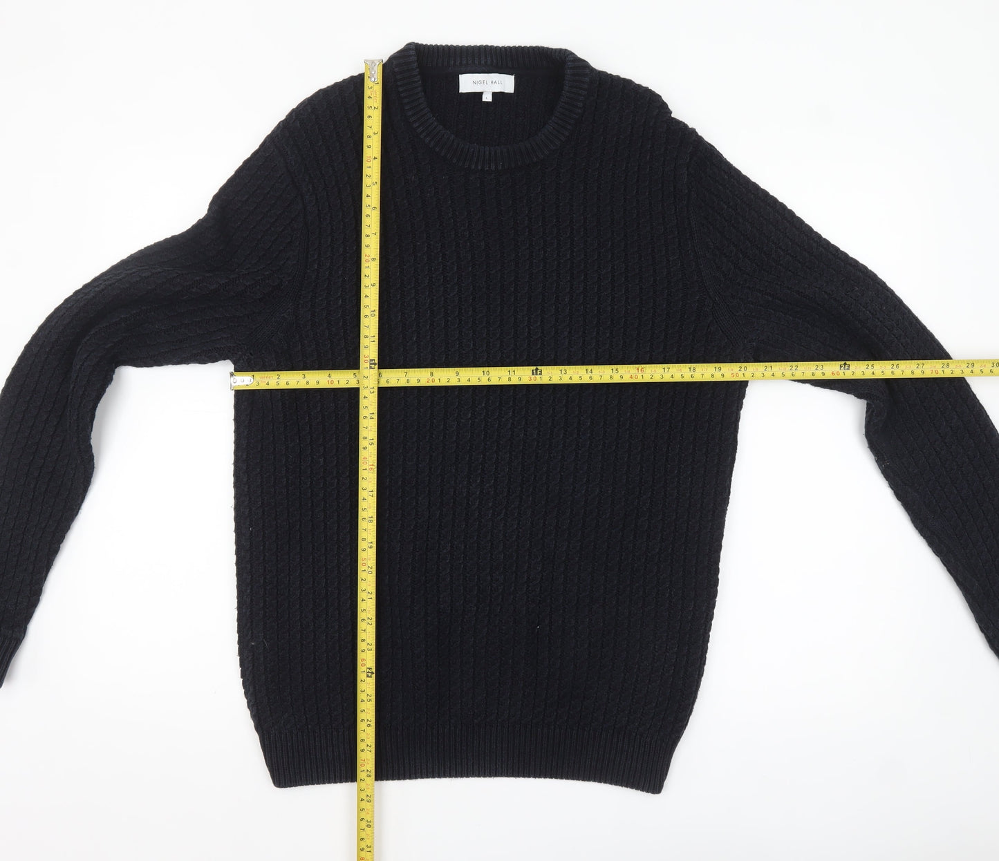 Nigel Hall Men's Black Cotton Cable Knit Jumper L