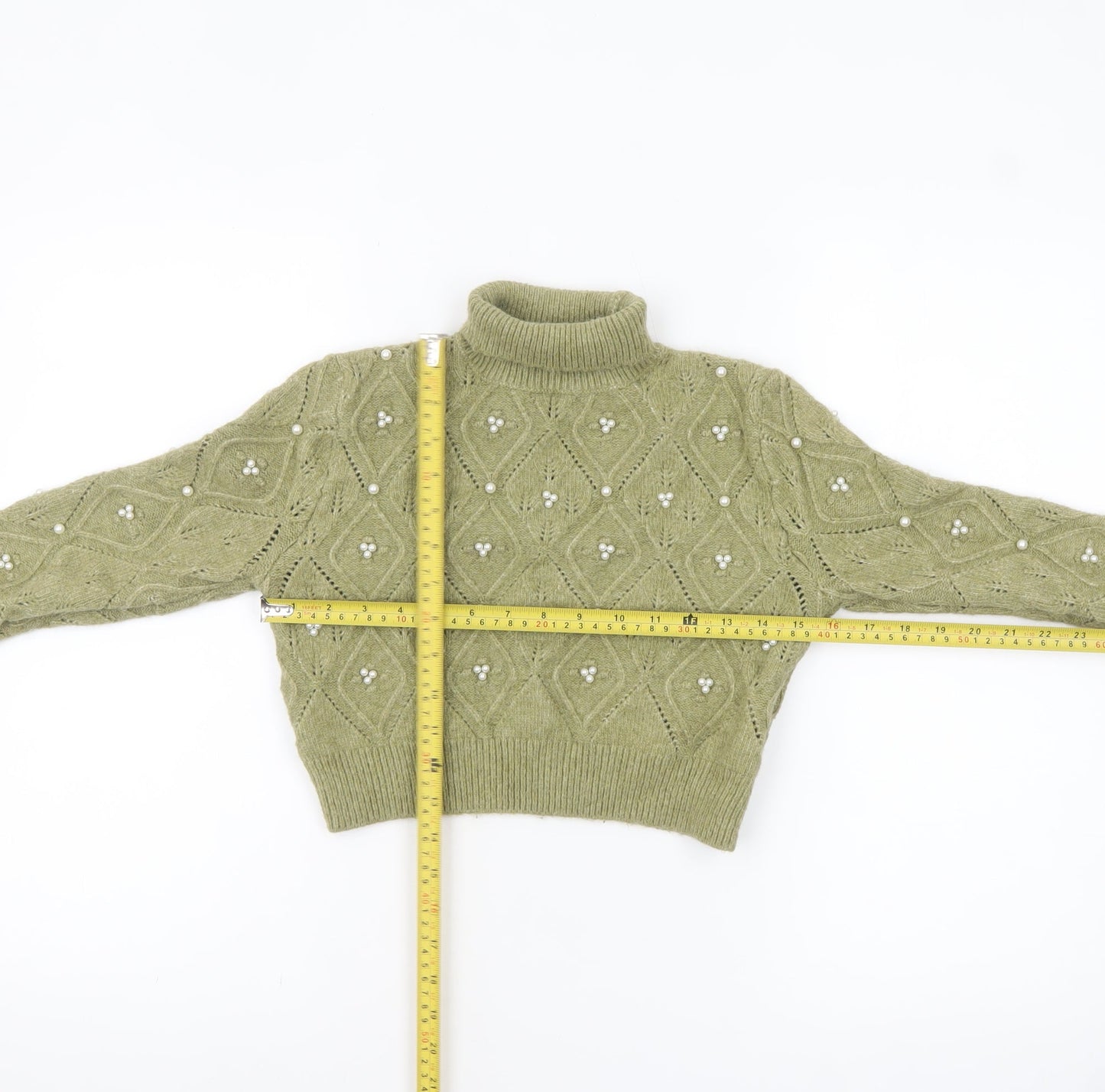 Zara Women Green Roll Neck Beaded Cable-Knit Jumper Size 12