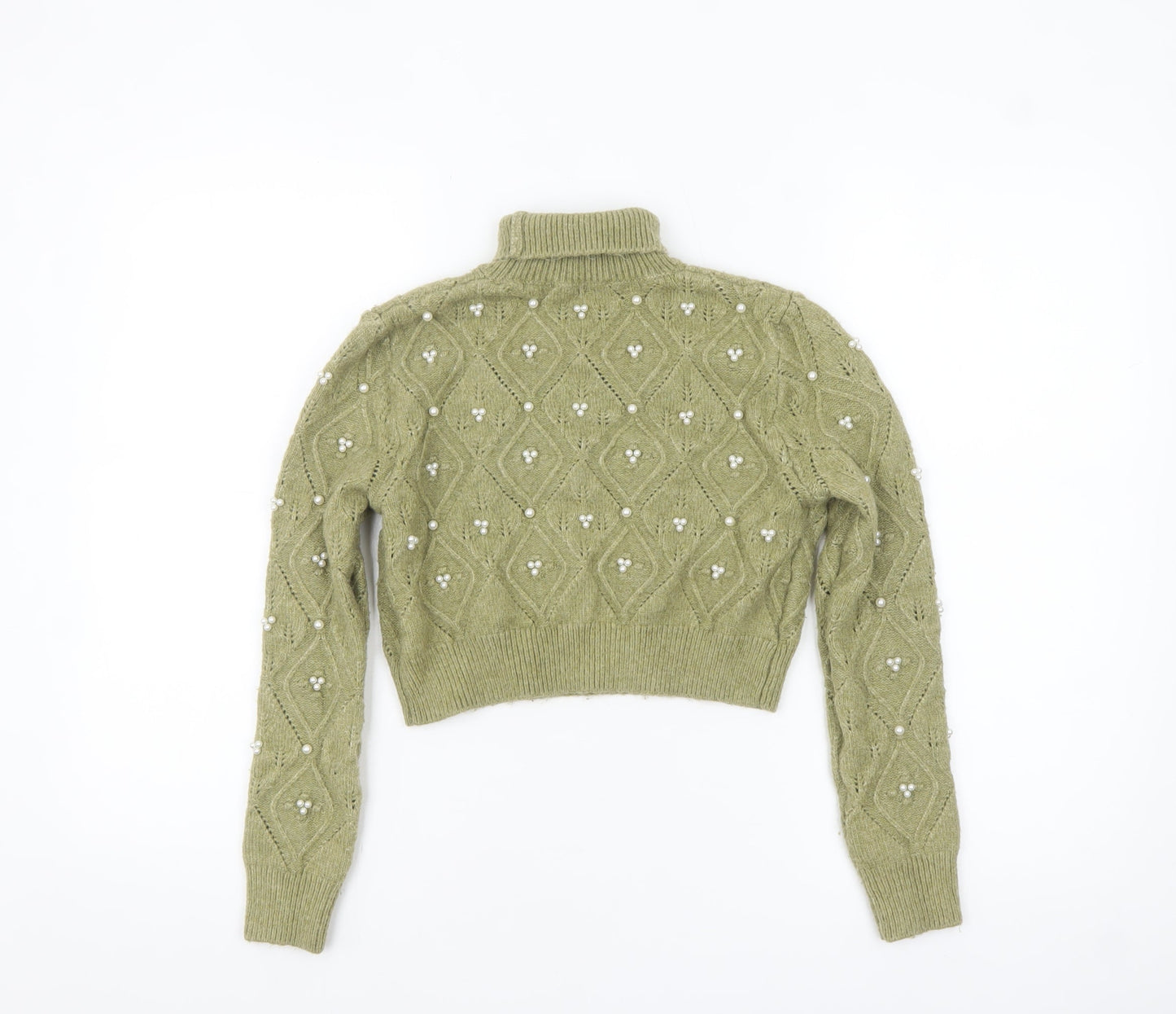 Zara Women Green Roll Neck Beaded Cable-Knit Jumper Size 12