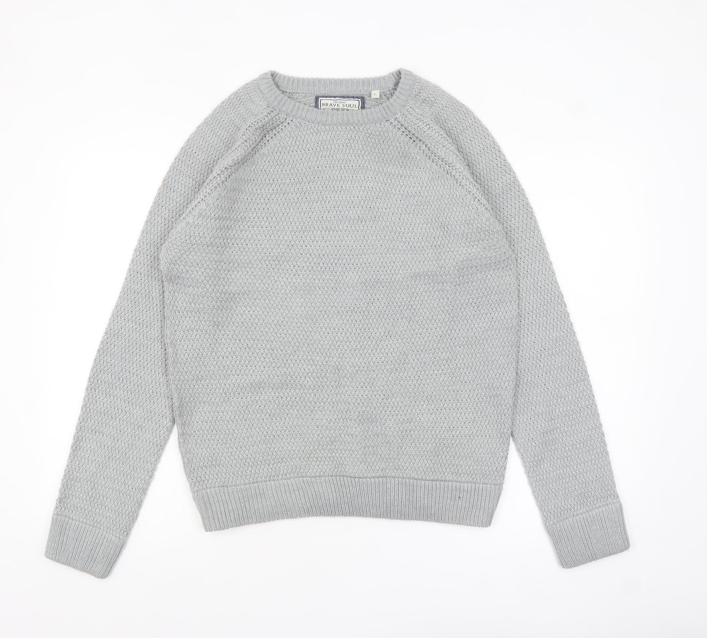 Brave Soul Men's Grey Chunky Knit Crew Neck Jumper Size L