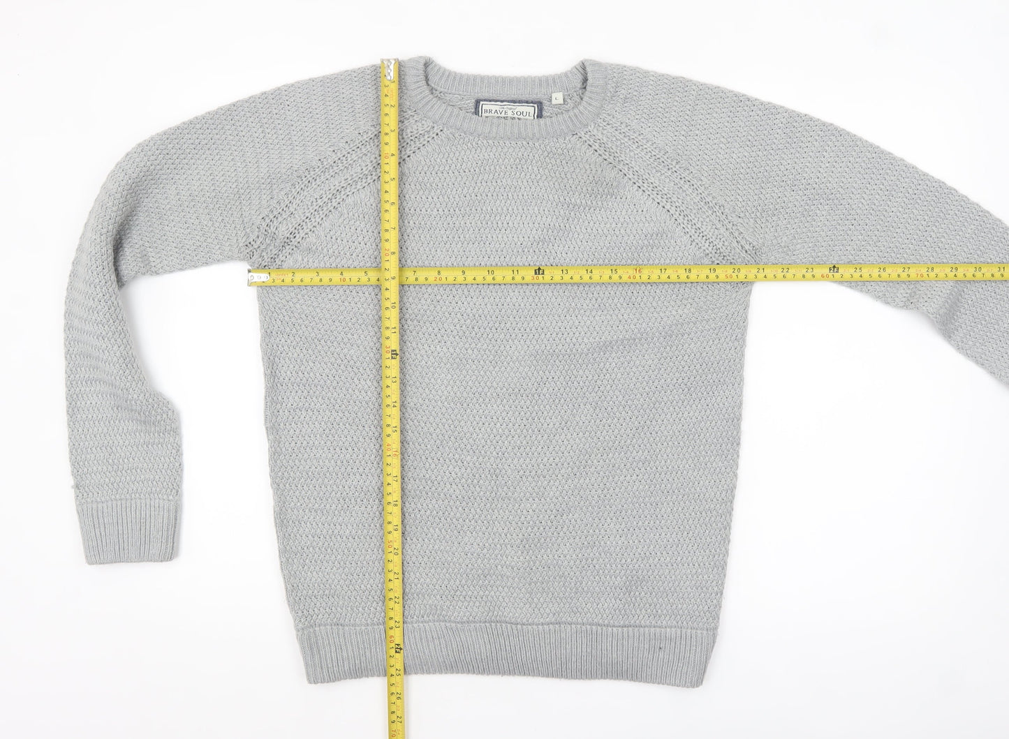 Brave Soul Men's Grey Chunky Knit Crew Neck Jumper Size L