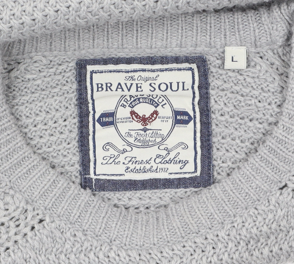 Brave Soul Men's Grey Chunky Knit Crew Neck Jumper Size L