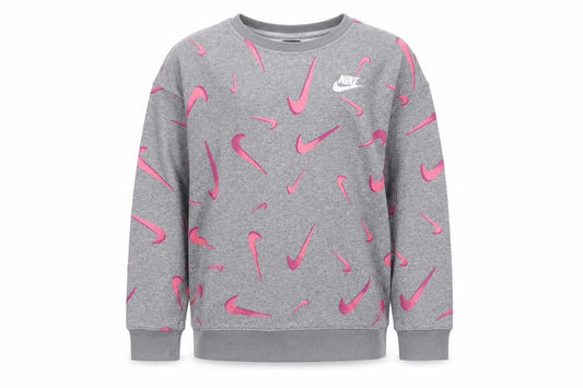 Front view of Nike girls’ grey pink logo pullover sweatshirt xl 14-15 years