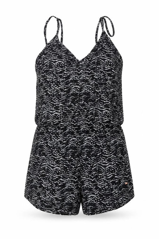 Front view of O'Neill women’s black white viscose playsuit, size UK 8, lightweight casual