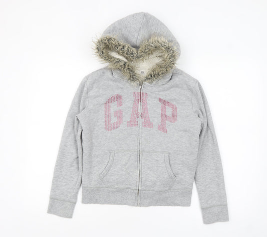 GAP Girls Grey Full Zip Fur Trim Hoodie Size 12-13 Years
