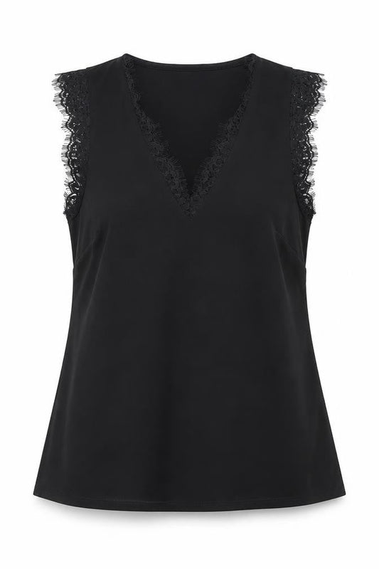 Gallery Women's Black Lace Trim Sleeveless V-Neck Blouse Size S