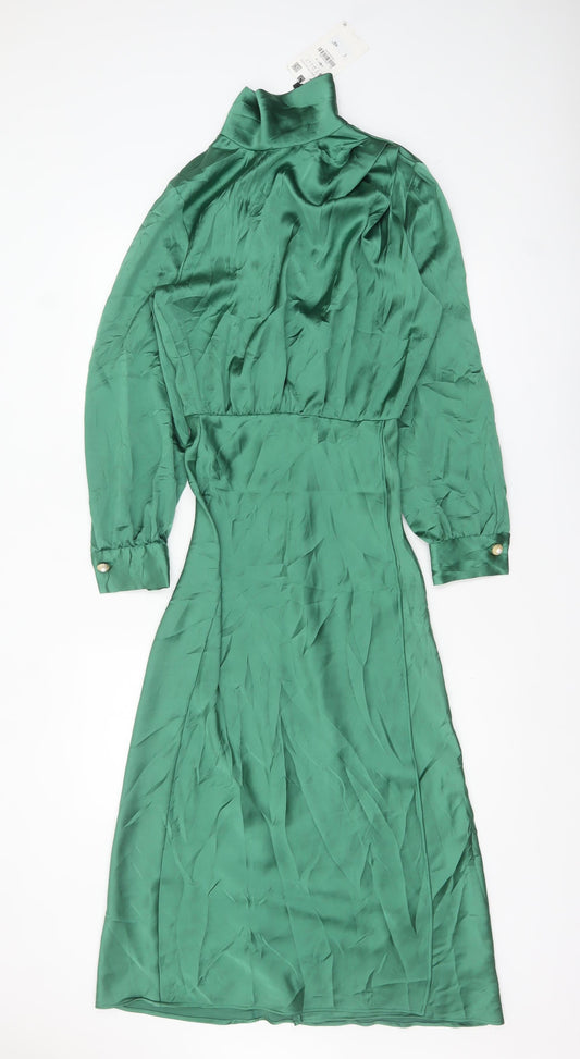 Zara Women’s Green Satin Fit & Flare Midi Dress Size 8 Long Sleeve High Neck