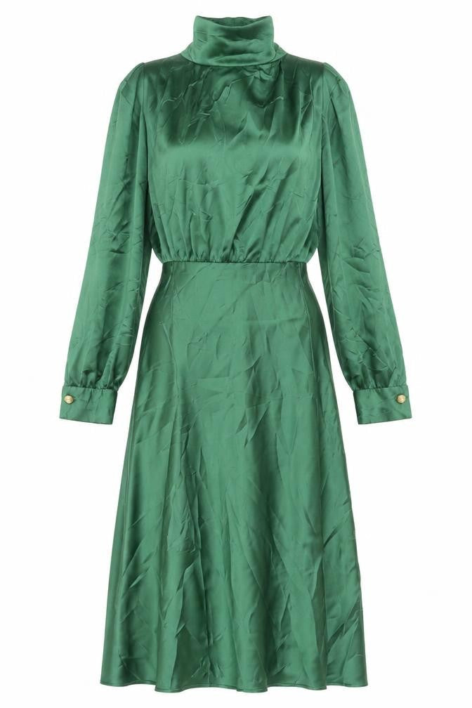 Zara Women’s Green Satin Fit & Flare Midi Dress Size 8 Long Sleeve High Neck
