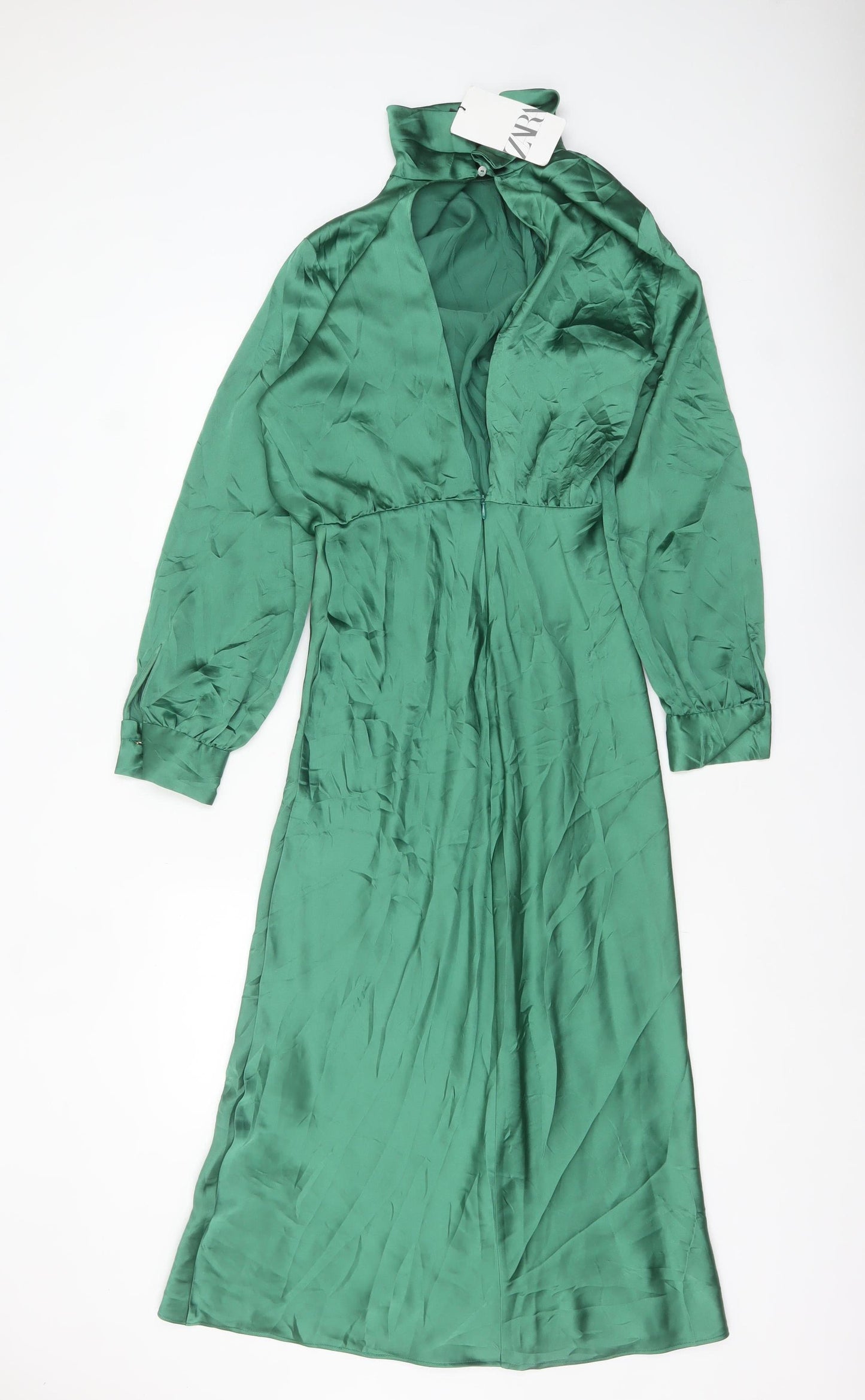 Zara Women’s Green Satin Fit & Flare Midi Dress Size 8 Long Sleeve High Neck
